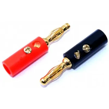 WTY0201T Szerelhető banán dugó, műanyag, piros-fekete aranyozott,csavaros, ár/db