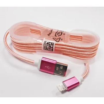 GSM0477J USB kábel iPhone5/6/7-hez, szövet borítással, fém csatl. babarózsaszín