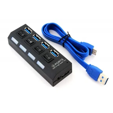 KOM0752A 4 portos USB 3.0 HUB, kapcsolható, fekete színű