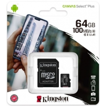 COM0306-64 Kingston Micro SD kártya 64GB CL10, 100MB/s +SD adapter