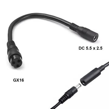 DC dugó átalakító elektromos kerékpárhoz, 2.5/5.5 aljzat, 3pólusú GX16 dugó