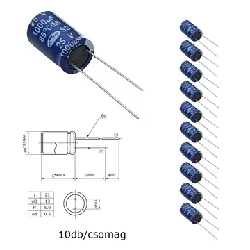 Elektrolit kondenzátor, 1000µF/25V 85°C, Ø13x21mm, 10db/csomag