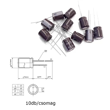 Elektrolit kondenzátor, 10µF/160V 105°C, Ø10x13mm, 10db/csomag