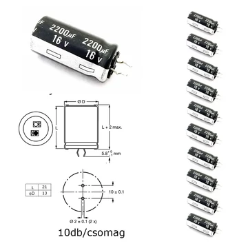 Elektrolit kondenzátor, 2200µF/16V 85°C, Ø13x21mm, rövidlábú, 10db/csomag