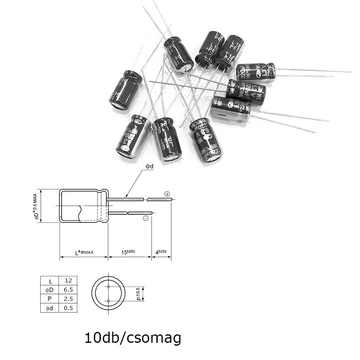 Elektrolit kondenzátor, 220µF/6,3V 105°C, Ø6,5x12mm, 10db/csomag
