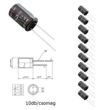 Elektrolit kondenzátor, 22µF/250V 105°C, Ø10x22mm, 10db/csomag