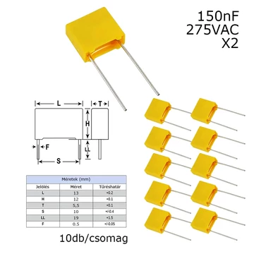 Fólia kondenzátor, MKP 150nF/275VAC X2, 13x12x6mm, 10db/csomag