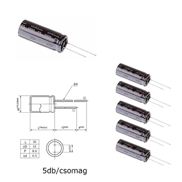 Elektrolit kondenzátor, 1000µF/63V 105°C, Ø16x36mm, 5db/csomag