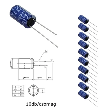 Elektrolit kondenzátor, 22µF/350V 85°C, Ø13x21mm, 10db/csomag