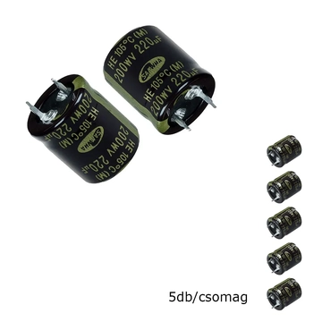 SK220-200-105 Elektrolit kondenzátor, 220µF/200V 105°C, Ø22x26mm, 5db/csomag