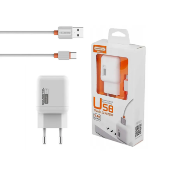 SMS-A52-C Hálózati USB töltő Type-C kábellel, fehér színű, 5V 2100mA