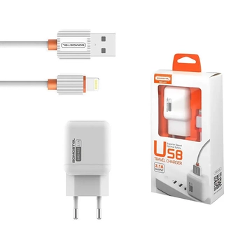SMS-A52-IP Hálózati USB töltő lightning kábellel, fehér színű, 5V 2100mA