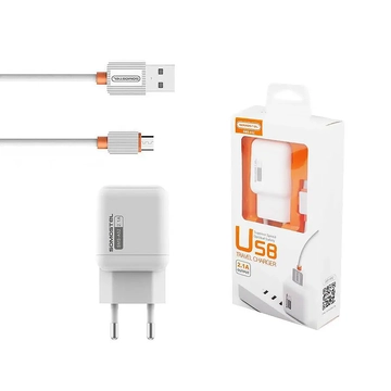 SMS-A52-M Hálózati USB töltő Micro USB kábellel, fehér színű, 5V 2100mA