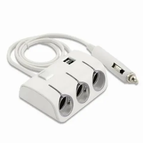 Szivargyújtó elosztó, 3 aljzat és USB töltő, fehér