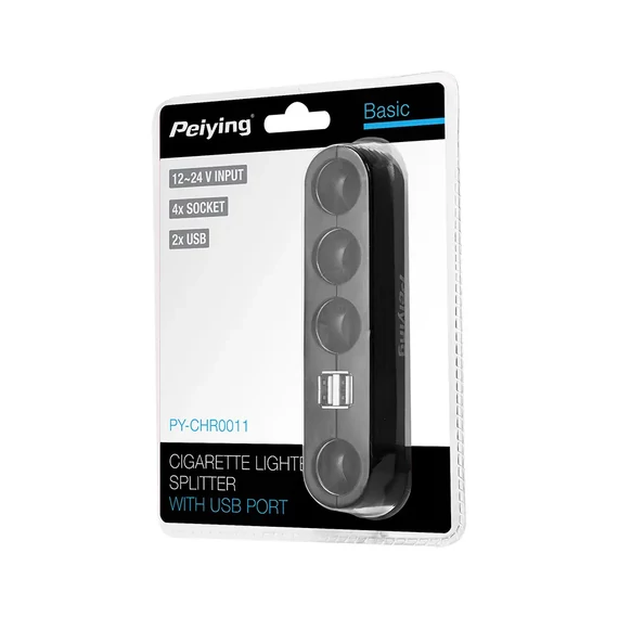 PY-CHR0011 Szivargyújtó elosztó, 4aljzat + USB x2 PEIYING
