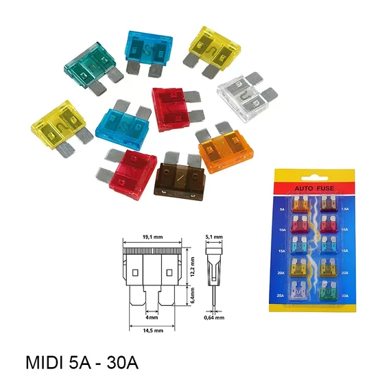 MIDI autós biztosíték készlet 10db