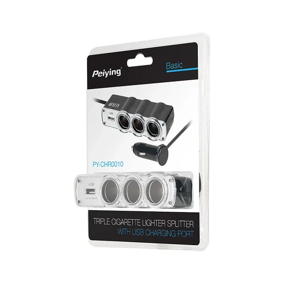 PY-CHR0010 Peiying szivargyújtó elosztó, 3 aljzat és USB 1000mA PY-CHR0010 Peiying szivargyújtó elosztó, 3 aljzat és USB 1000mA