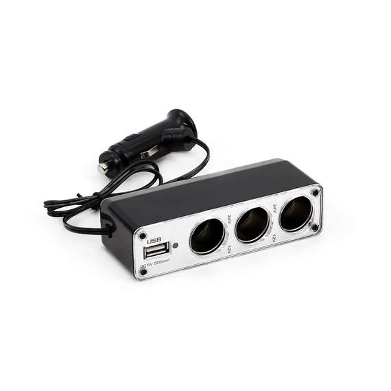 Szivargyújtó elosztó, 3 aljzat és USB 500mA