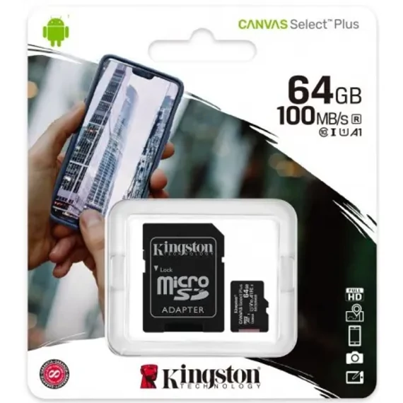 COM0306-64 Kingston Micro SD kártya 64GB CL10, 100MB/s +SD adapter