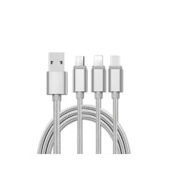 ML0807S Univerzális USB töltőkábel, Micro USB/ Type-C/Apple 3in1, ezüst színű