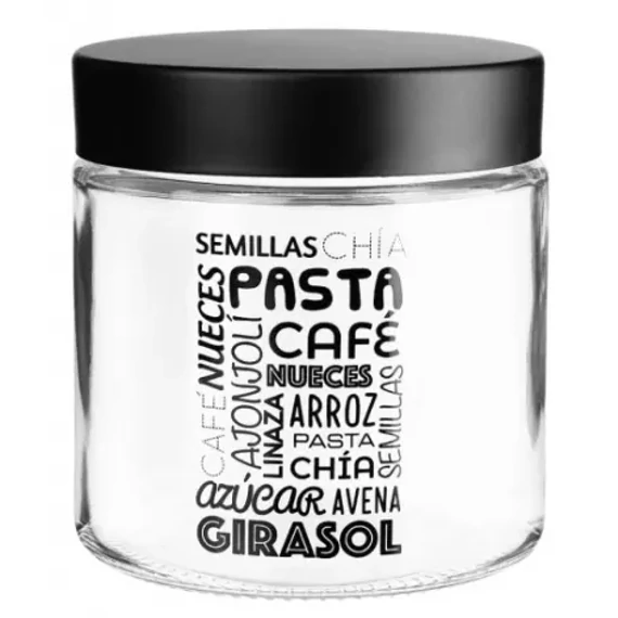 KE114A  Konyhai üveg tárolóedény fekete felirattal, 800 ml (Loreno)