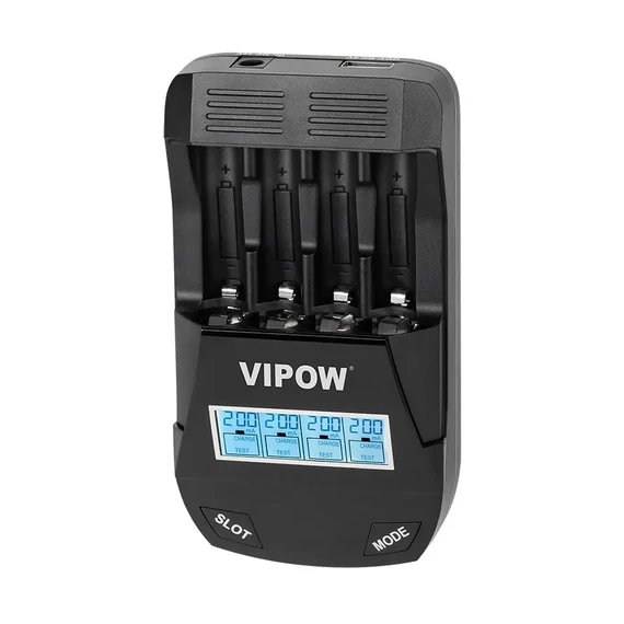 BAT2010 Akkumulátor töltő, NI-Cd, Ni-MH 4xAA/4xAAA 1,2V VIPOW SMART CHARGE