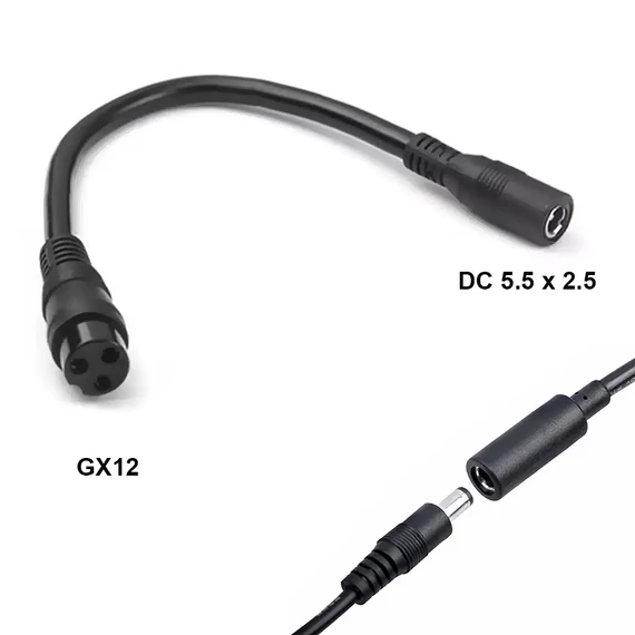 DC dugó átalakító elektromos kerékpárhoz, 2.5/5.5 aljzat, 3pólusú GX12 dugó