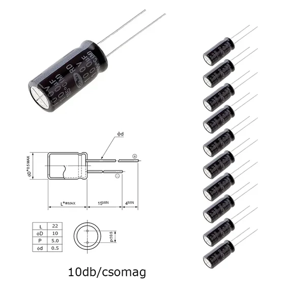 Elektrolit kondenzátor, 100µF/100V 105°C, Ø10x22mm, 10db/csomag