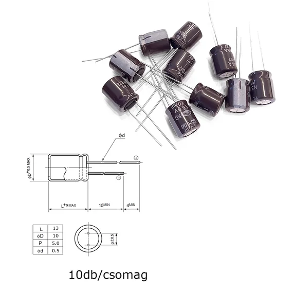 Elektrolit kondenzátor, 10µF/160V 105°C, Ø10x13mm, 10db/csomag