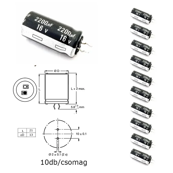 Elektrolit kondenzátor, 2200µF/16V 85°C, Ø13x21mm, rövidlábú, 10db/csomag