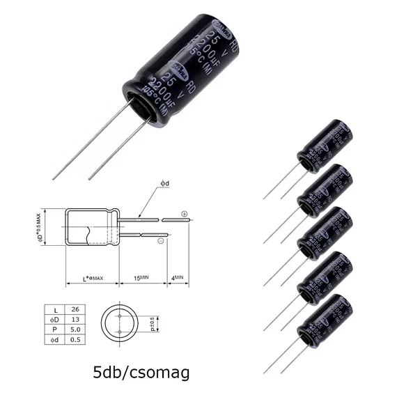 Elektrolit kondenzátor, 2200µF/25V 105°C, Ø13x26mm, 5db/csomag