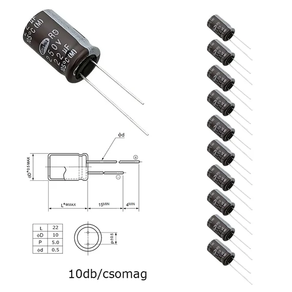 Elektrolit kondenzátor, 22µF/250V 105°C, Ø10x22mm, 10db/csomag