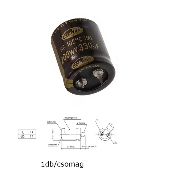 Elektrolit kondenzátor, 330µF/200WV 105°C, Ø23x31mm, 1db/csomag