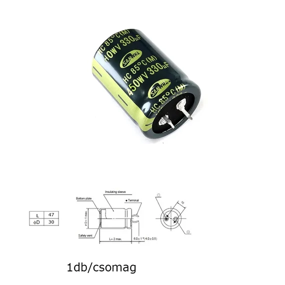 Elektrolit kondenzátor, 330µF/450WV 85°C, Ø30x47mm, 1db/csomag