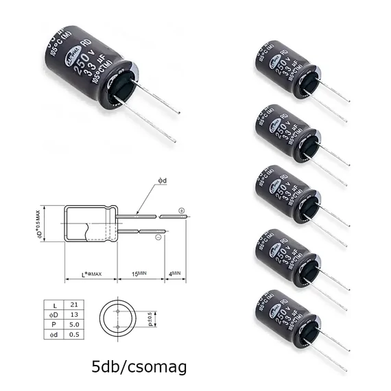 Elektrolit kondenzátor, 33µF/250V 105°C, Ø13x21mm, 5db/csomag