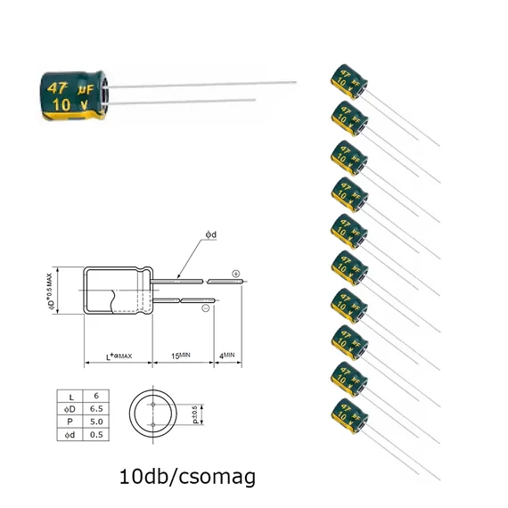 Elektrolit kondenzátor, 47µF/10V 105°C, Ø6,5x6mm, 10db/csomag