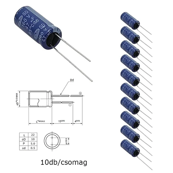 Elektrolit kondenzátor, 47µF/160V 85°C, Ø10x22mm, 10db/csomag
