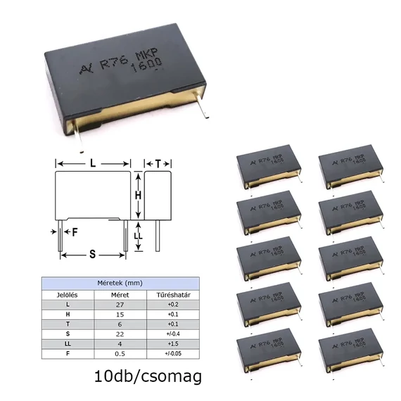 Fólia kondenzátor, MKP 13,7nF/1600V, 27x15x6mm, 10db/csomag
