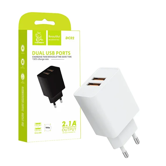 Hálózati Dual USB töltő, fehér színű, USB 5V 2100mA