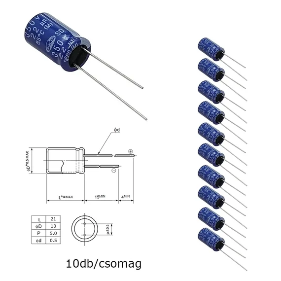 Elektrolit kondenzátor, 22µF/350V 85°C, Ø13x21mm, 10db/csomag