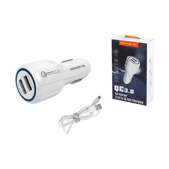 SMS-A45W-C Autós univerzális DUAL USB gyorstöltő, Type-C kábellel, fehér színű, 5V 3100mA