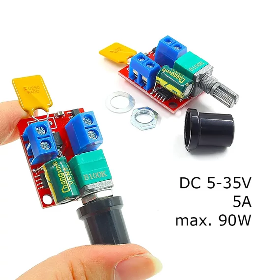 Egyenáramú villanymotor fordulatszám szabályzó, DC5-35V 5A, max. 90W