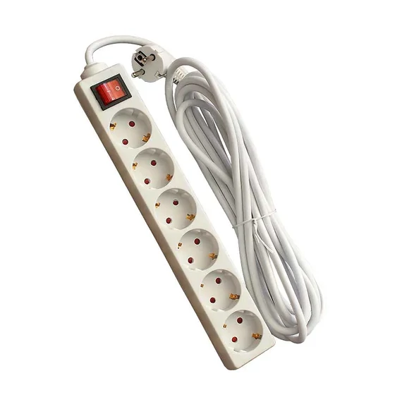 URZ3079A-10 Kapcsolós hálózati elosztó, fehér színű, 6 aljzat, 10m (3x1.5mm2)