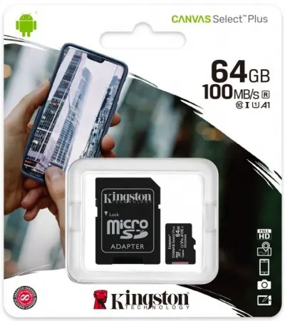 COM0306-64 Kingston Micro SD kártya 64GB CL10, 100MB/s +SD adapter