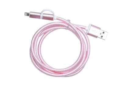 ML0807D USB kábel, Micro USB/Apple (lightning)2in1, szövet borítással, rózsaszín