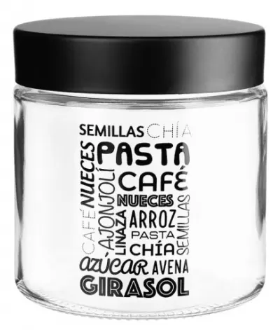 KE114A  Konyhai üveg tárolóedény fekete felirattal, 800 ml (Loreno)