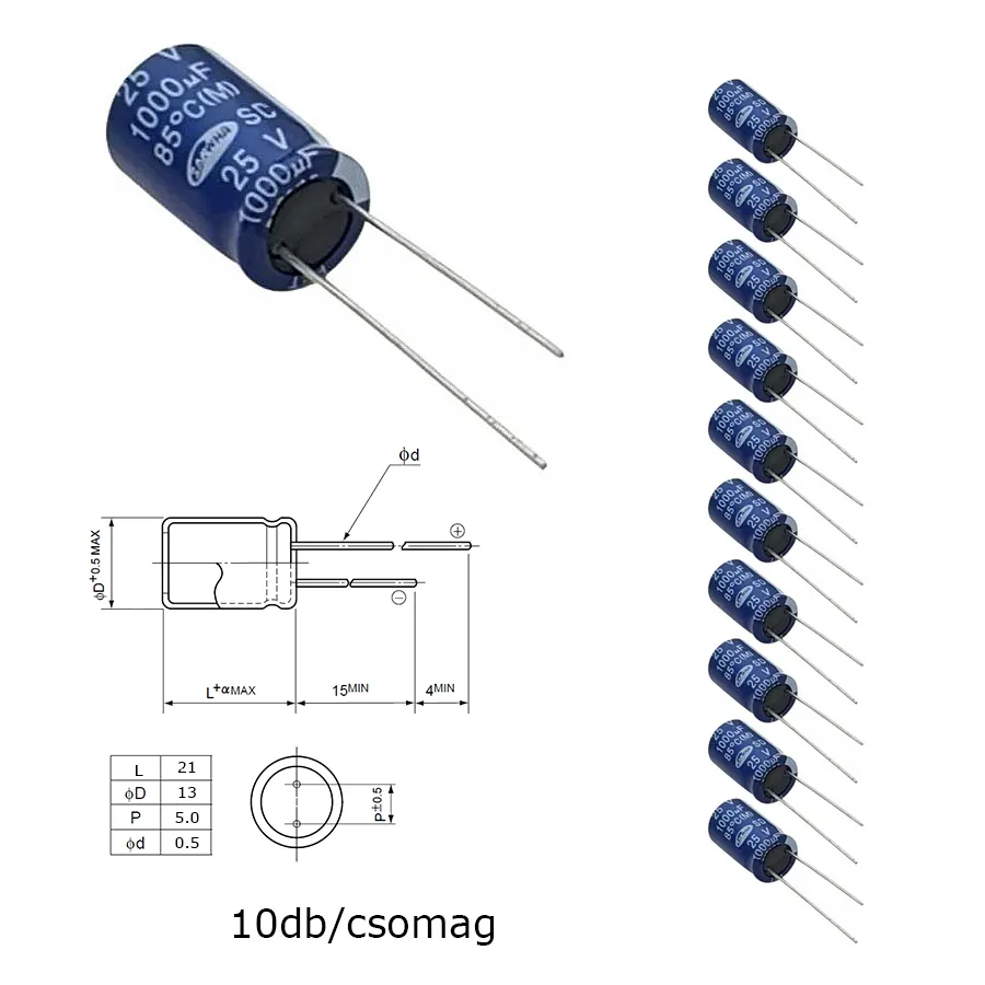 Elektrolit kondenzátor, 1000µF/25V 85°C, Ø13x21mm, 10db/csomag