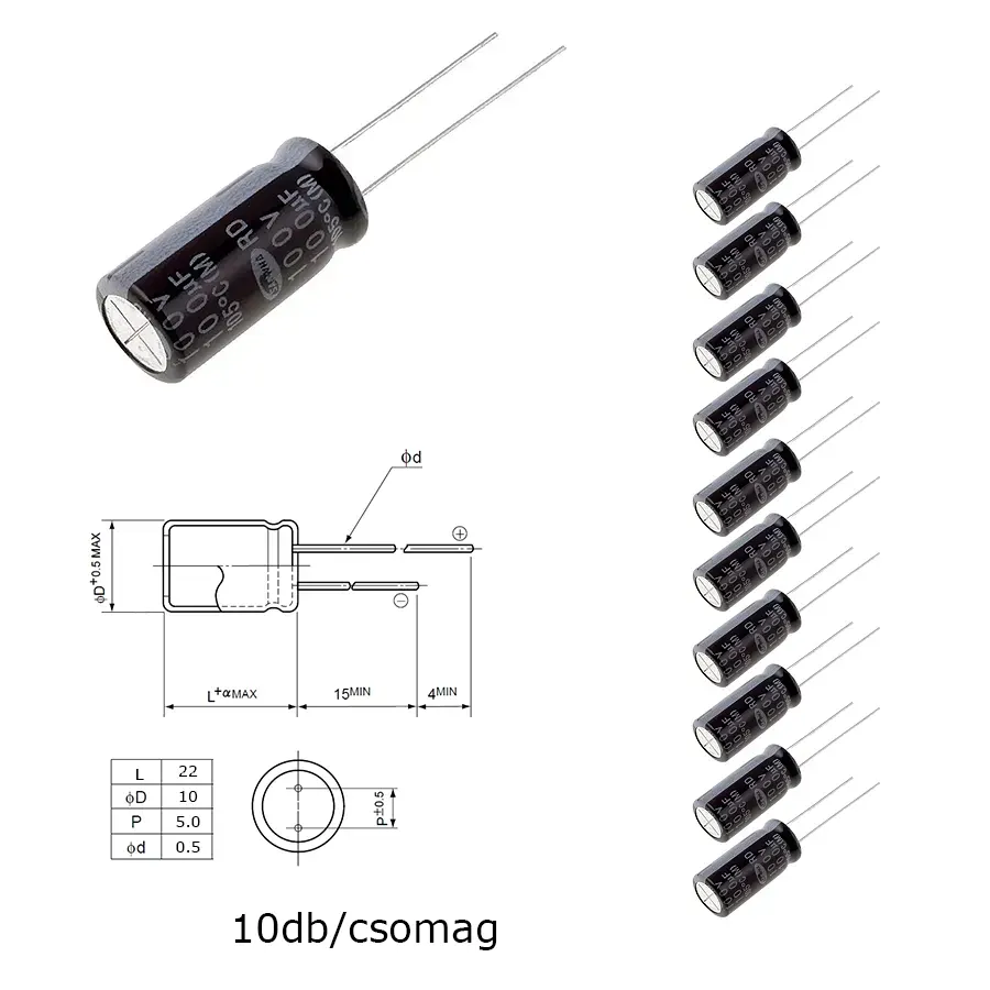 Elektrolit kondenzátor, 100µF/100V 105°C, Ø10x22mm, 10db/csomag