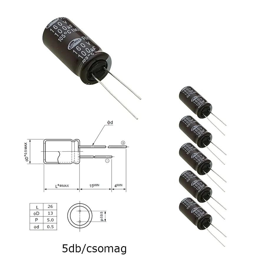 Elektrolit kondenzátor, 100µF/160V 105°C, Ø13x26mm, 5db/csomag