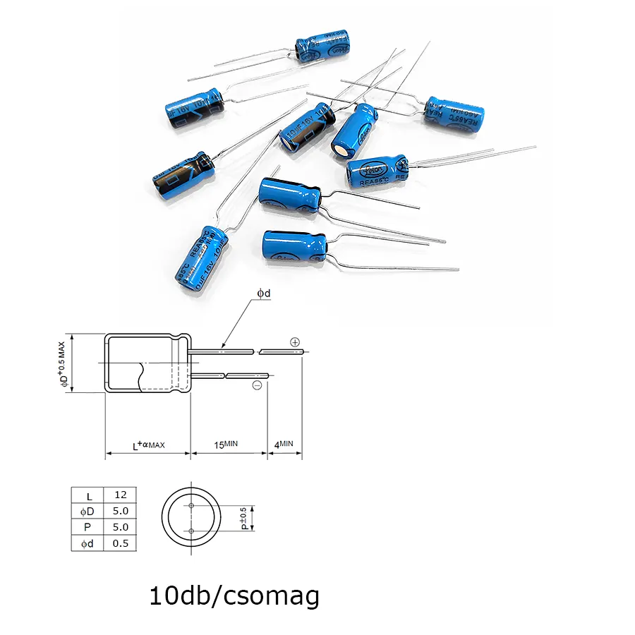 Elektrolit kondenzátor, 10µF/16V 85°C, Ø5x12mm, 10db/csomag